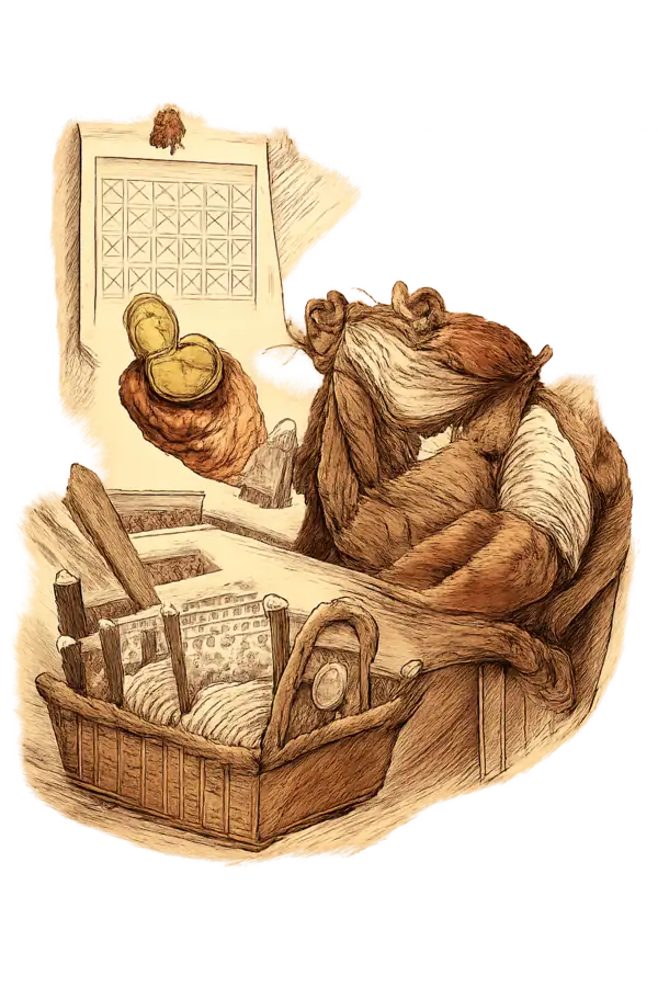 Sir John Crabstone, a Victorian crab in waistcoat, holds a pocket watch beside a basket of mascara tubes and fragrance bottles, with a paper calendar of circled dates pinned behind him.