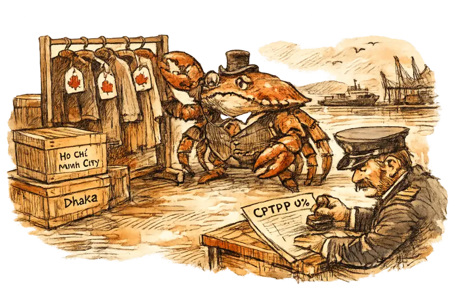 A waistcoated crab inspecting maple-leaf clothing tags at a Vancouver port while a customs officer stamps a zero-duty manifest.