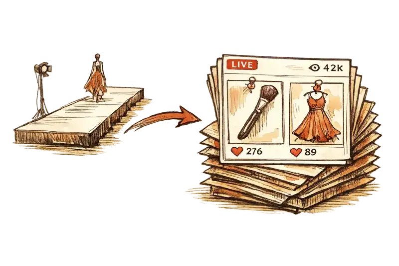 An editorial diagram of a runway transforming into stacked marketplace cards, with one beauty tool and one dress pinned to a live feed interface. Medium distance, off-center composition, clinical mood.