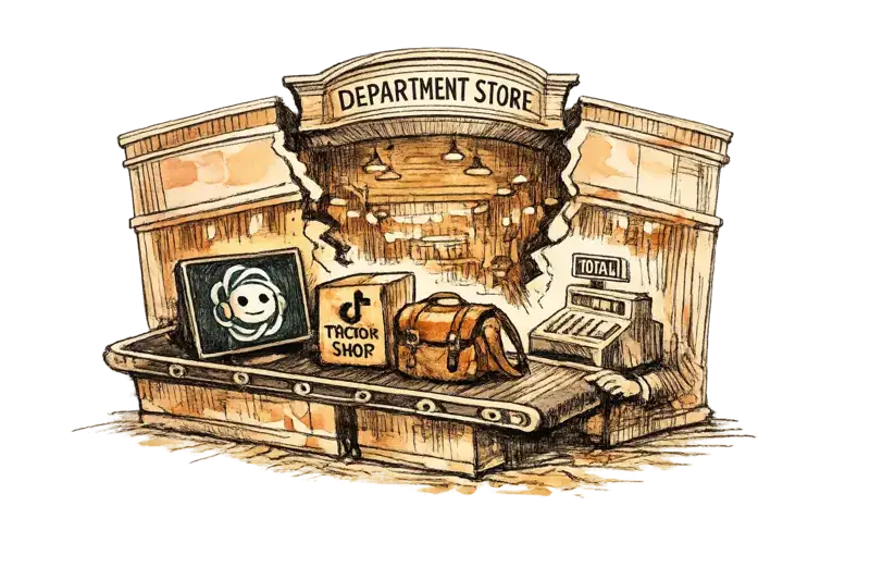 A department store facade split open to reveal ChatGPT, TikTok Shop, and a courier bag feeding into the same checkout conveyor. Street-level view, subject centered slightly right, contemplative mood.