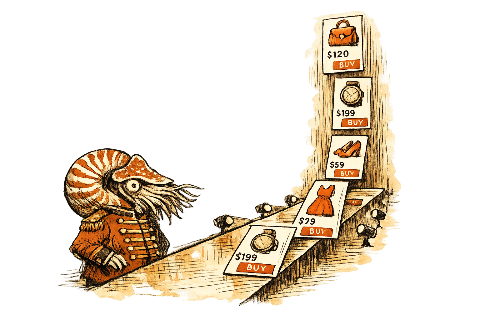 A nautilus strategist studies a catwalk that turns into a scrolling commerce feed, with garments and beauty products surfacing as buy buttons along the runway.