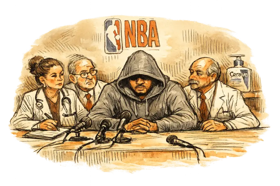 Carmelo Anthony seated at a press-conference table in a grey hoodie, flanked by three dermatologists in white coats, with the NBA wordmark and a CeraVe bottle behind them.