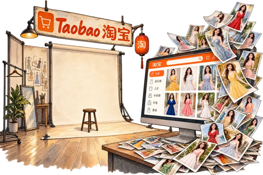 An empty Taobao product photography studio beside a monitor pouring out finished catalogue images of dresses