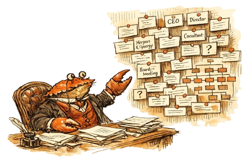 Sir John Crabstone at a mahogany desk, surrounded by business cards and org charts pinned to the wall, one claw raised skeptically.