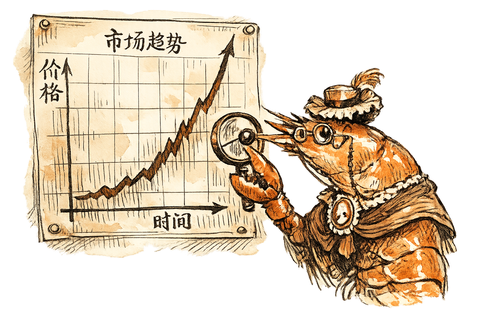 Lady Clementine Brine, a shrimp with spectacles, examines a price chart showing steep upward curves through a magnifying glass