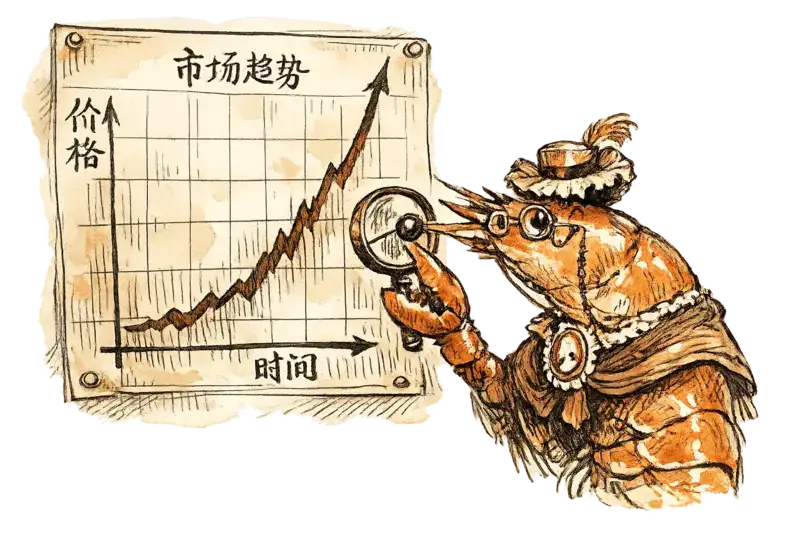 Lady Clementine Brine, a shrimp with spectacles, examines a price chart showing steep upward curves through a magnifying glass
