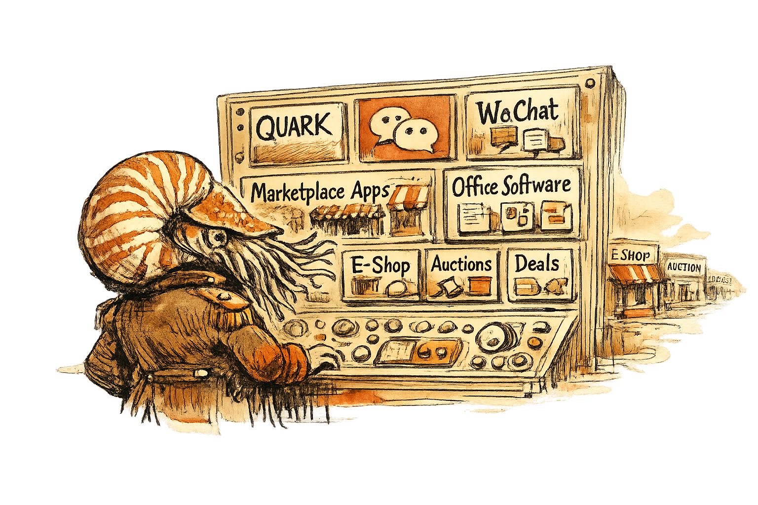 A nautilus strategist studies a wall of Chinese shopping, messaging, and AI assistant app icons while brand storefronts recede into the background.