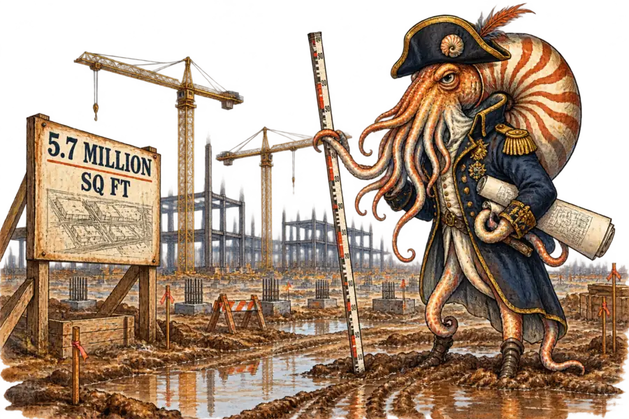 A nautilus officer in a military jacket stands on a half-finished retail construction site, measuring an unbuilt storefront against a rolled expansion plan while cranes stand idle behind him.