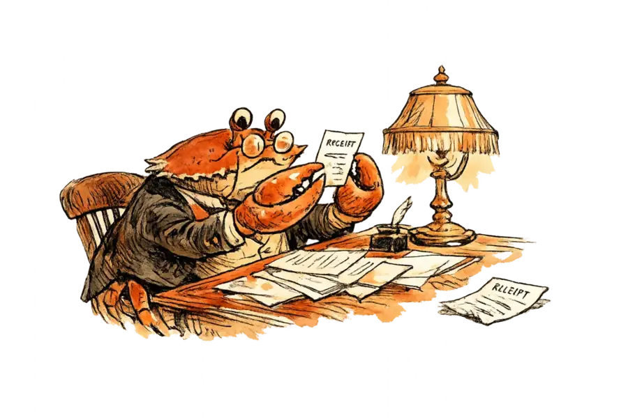 Sir John Crabstone holds a retailer receipt with care while an AI agent's receipt lies discarded on his desk