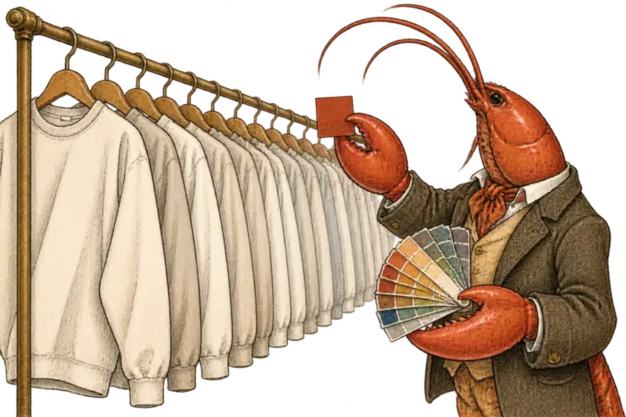 A lobster in a tailored coat holds a fanned deck of colour swatches beside a long rail of identical pale garments, comparing one saturated chip against the row.