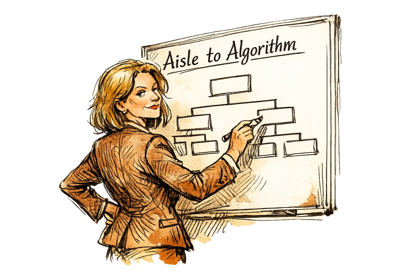 Kelly Cook an einem Whiteboard, auf dem sie Organigramm-Kästchen skizziert, darüber die Worte „Aisle to Algorithm", halbnahes Karikaturformat