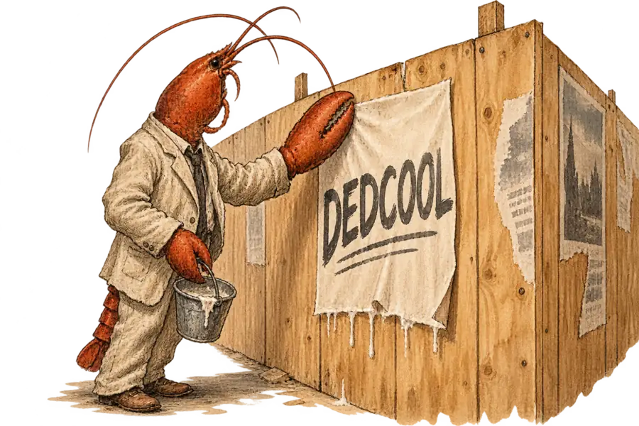A lobster in a rumpled linen suit smooths a wet wheatpasted poster lettered DEDCOOL onto a plywood construction wall, the paper buckling under her claw.