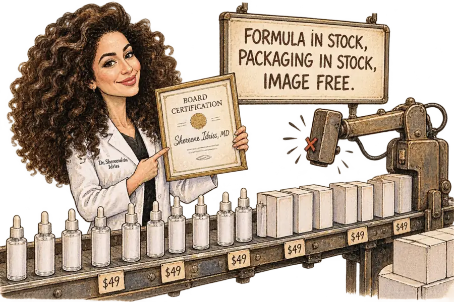 Caricature of dermatologist Shereene Idriss holding up a framed board-certification licence beside a conveyor belt of identical blank serum bottles, where a mechanical stamping arm has stalled, unable to copy the licence.