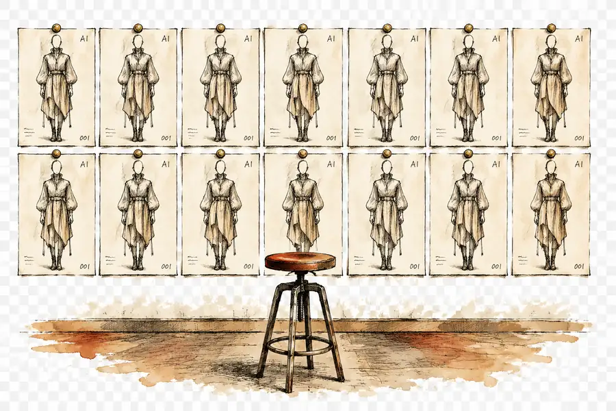 Rangées de croquis de vêtements générés par IA, presque identiques, épinglés sur un mur de critique, face à un tabouret vide.