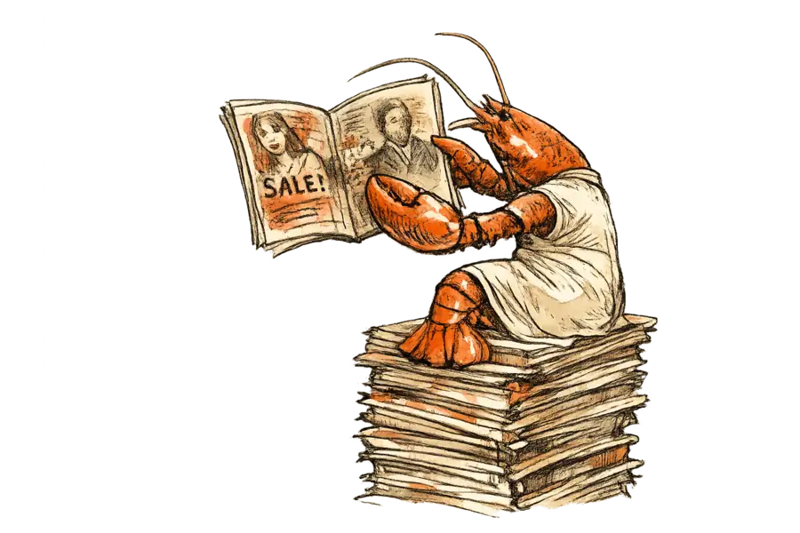 A lobster in a tailored shift dress perches on a stack of glossy magazines, holding open a spread where advertisement and editorial pages are printed together.