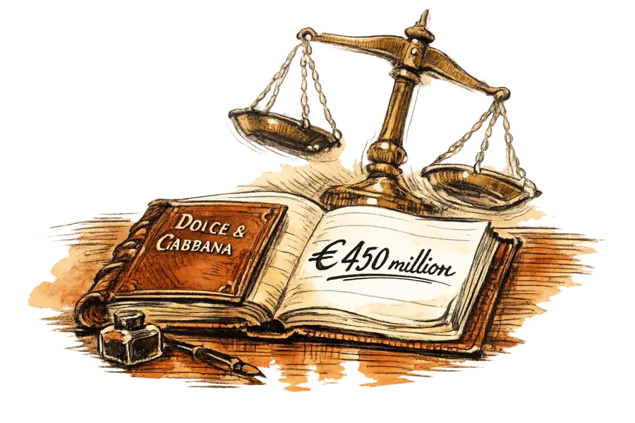A leather ledger labeled Dolce & Gabbana beside tilted brass scales, with €450 million inked across the open page.