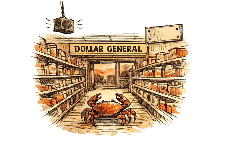 A crab pacing a small-format Dollar General aisle past a single overhead speaker and a vacant wall bracket where a digital screen would have hung.