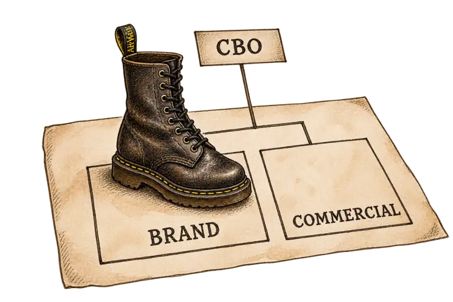 A Dr. Martens boot standing inside a hand-lettered box marked BRAND on a drawn organisational chart, with an empty box beside it marked COMMERCIAL.