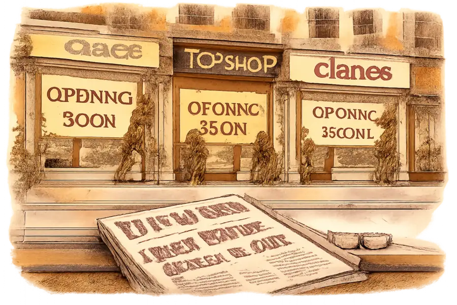 A row of UK high street shopfronts with OPENING SOON banners for Crocs, Topshop and Claire's, a Drapers magazine open on a window ledge in the foreground