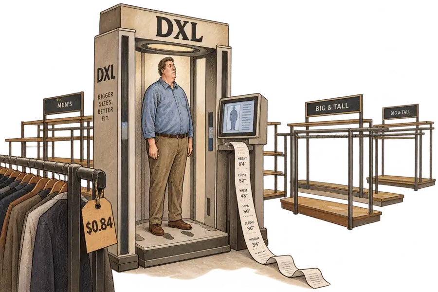 A body-scanning booth under a hand-lettered DXL sign, spooling a long ribbon of measurements onto an empty shop floor beside a rail tagged $0.84.