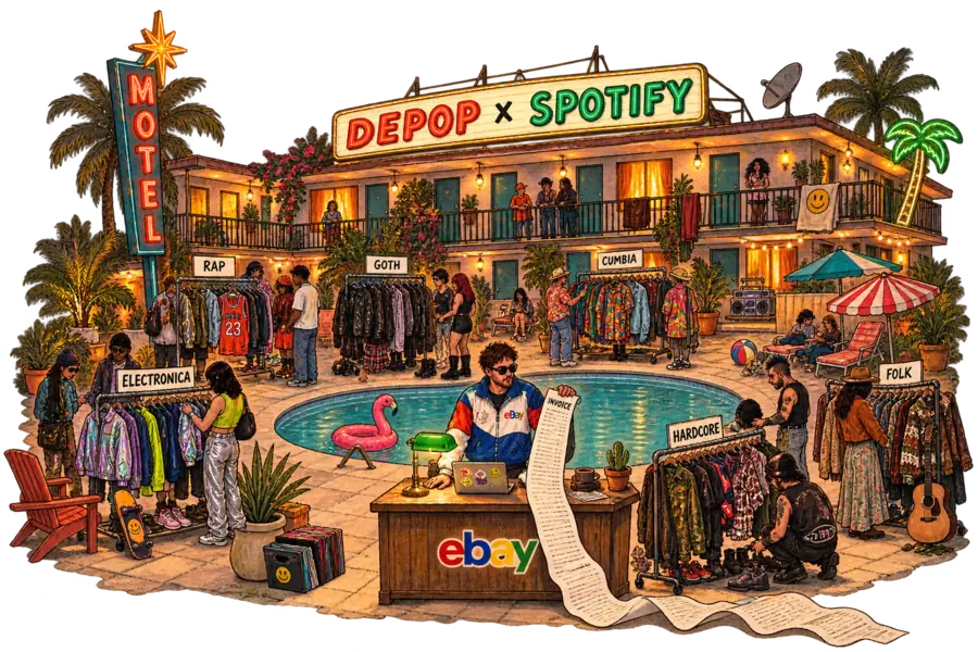 A Hollywood motel at night with a hand-lettered DEPOP x SPOTIFY marquee, six clothing rails around the empty pool labelled by music genre, and an eBay staffer holding an invoice that unrolls to the ground.