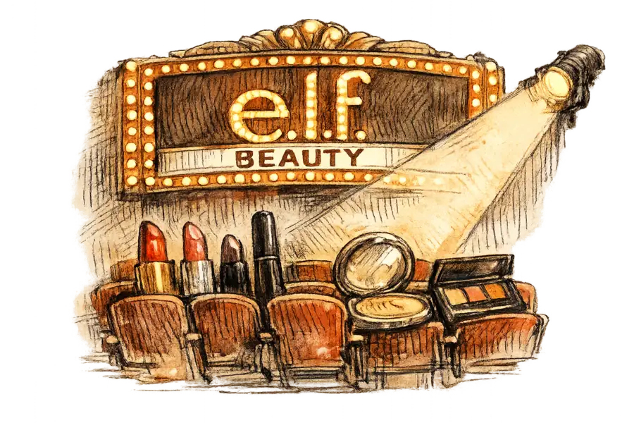 The e.l.f. Beauty logo illuminated on a Broadway marquee, with cosmetics products arranged as an audience below