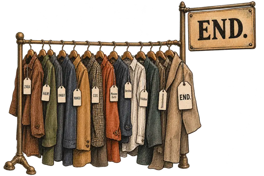 A shop rail beneath a hand-lettered END. sign, every garment tag naming a different brand except one new tag at the front reading END.
