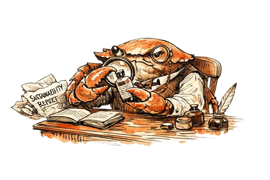 A crab in a waistcoat reads a cosmetics bottle's ingredient label while a crumpled ESG report lies discarded on the desk