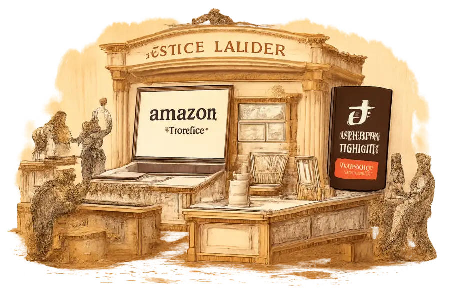 An ornate gilt department-store beauty counter being dismantled, with Amazon and TikTok Shop screens glowing on devices behind it.