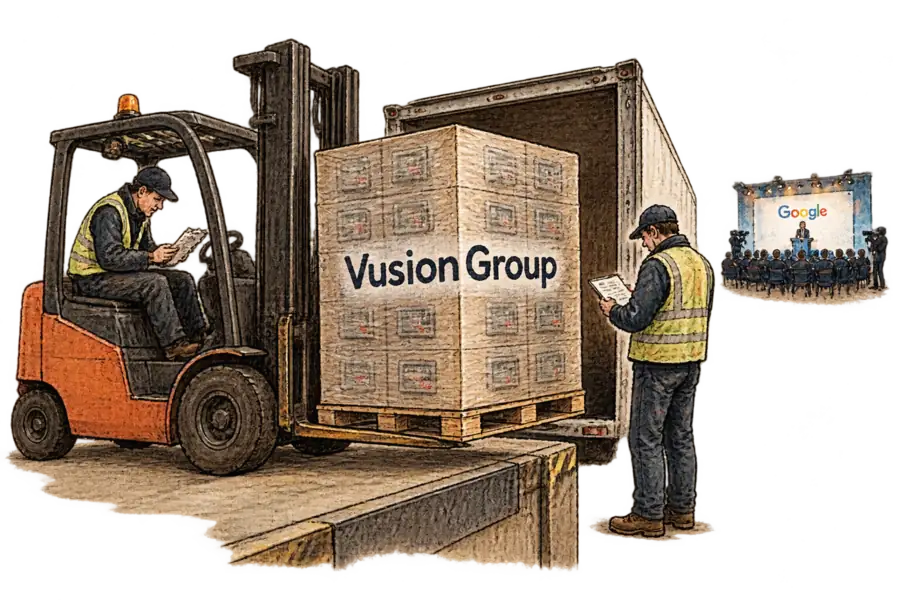 A pallet of shrink-wrapped electronic shelf labels marked VusionGroup being unloaded at a supermarket loading bay, while a small press conference with a Google backdrop takes place far behind it.