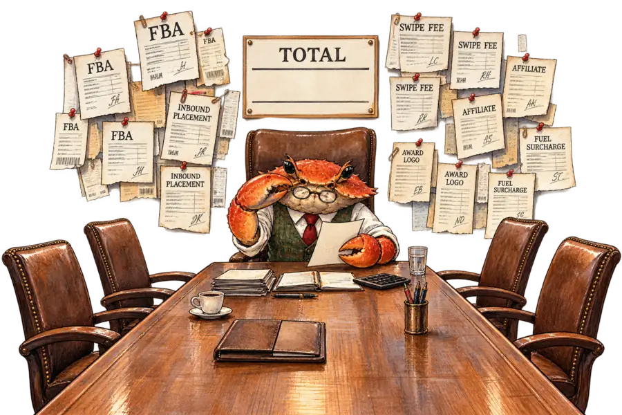 A crab in a waistcoat alone at a long boardroom table, facing a wall pinned with dozens of small hand-lettered invoices marked FBA, SWIPE, AFFILIATE, PLACEMENT and AWARD LOGO, above one large empty box labelled TOTAL.