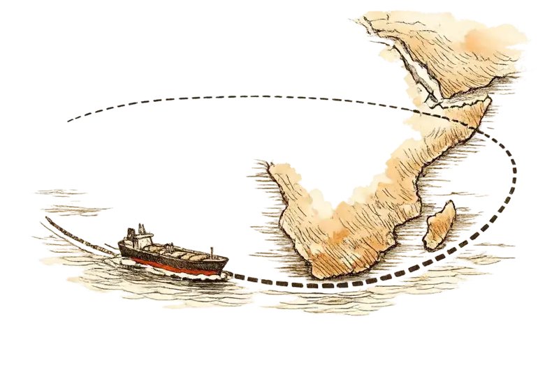 A tanker ship dwarfed by open ocean, tracing a long southward arc around the African continent, with a dotted line showing the shorter abandoned Suez route above. The Gulf coastline faint in the upper right corner. Wide angle, ship at center-left, ocean dominant. Mood: clinical.