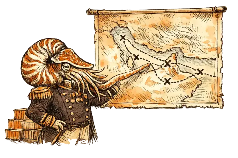 Admiral Neritus Vale in a military jacket studying a Gulf region shipping map with cargo routes marked in red