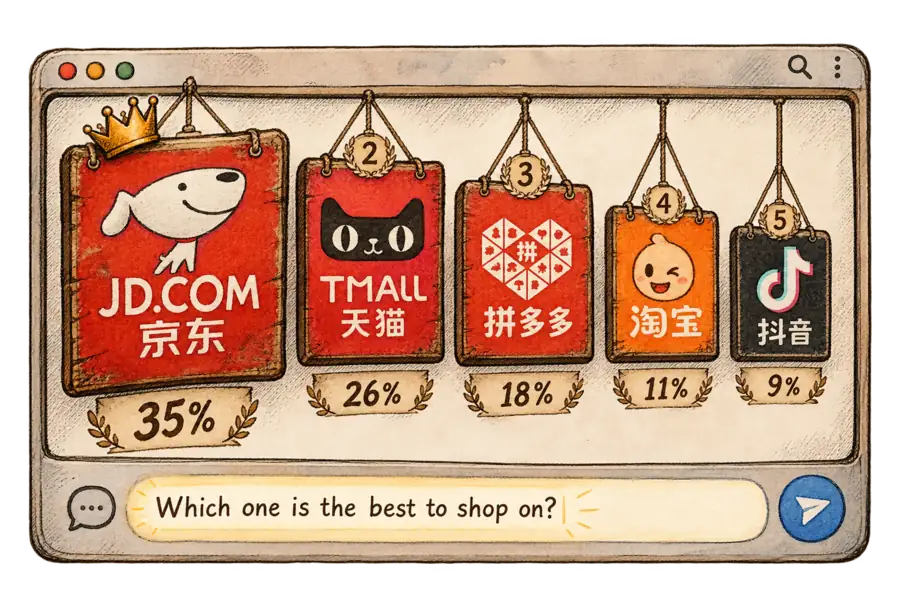 Five hand-lettered Chinese marketplace signboards hang in a ranked row inside a chat window, JD.com's first and largest and Taobao's fourth and smaller, with a chalked percentage under each.