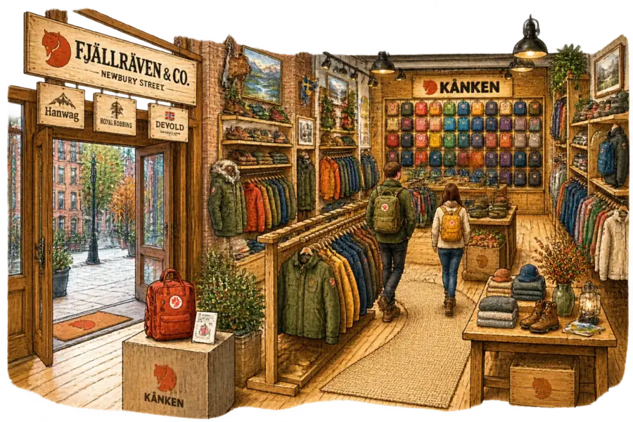 A Fjällräven shop interior with a single Kånken by the door, a curving path of clothing racks, and a full wall of Kånken backpacks at the far back under a hand-lettered sign