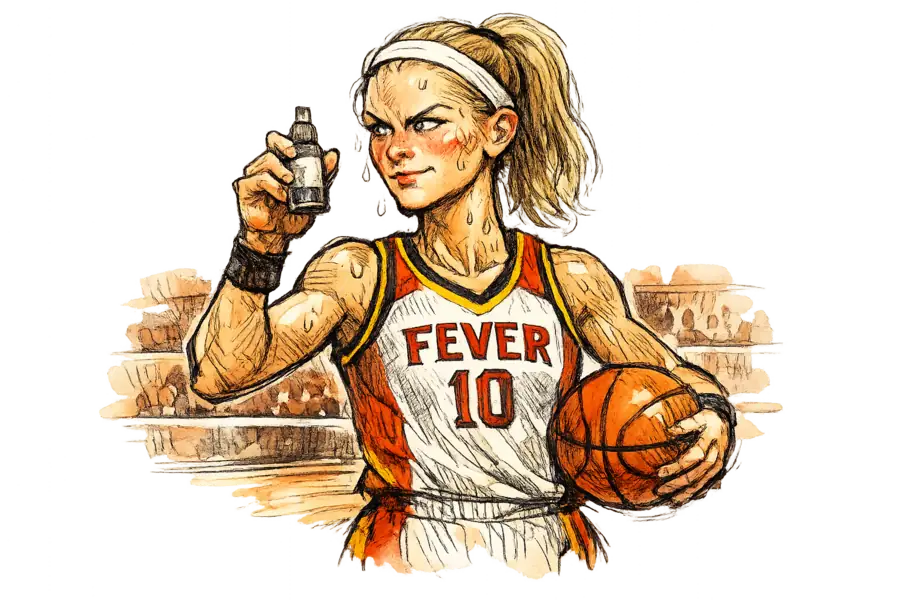 A caricature of Lexie Hull holding a setting spray bottle while wearing her Indiana Fever jersey on a basketball court.