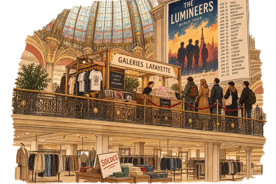 A pop-up cabin lettered Galeries Lafayette on a department store balcony, selling T-shirts, vinyl and macarons beneath an outsized concert poster ruled into a column of dates, while the apparel floor below stands empty under a sale sign.