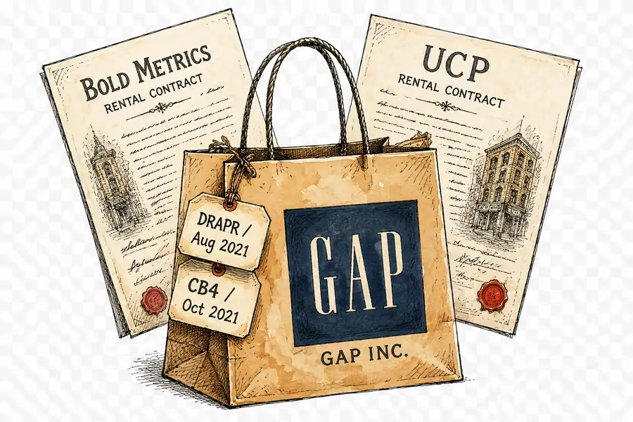Eine Gap Inc Einkaufstasche aus Papier mit zwei Preisschildern, auf denen DRAPR (Aug 2021) und CB4 (Okt 2021) steht; dahinter fächern zwei Mietverträge mit der Aufschrift Bold Metrics und UCP auf.