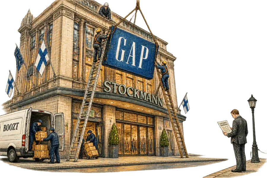 A crew hoists a GAP sign onto a Stockmann department store while a Boozt van unloads cartons, and a lone executive across the street reads a licence statement.
