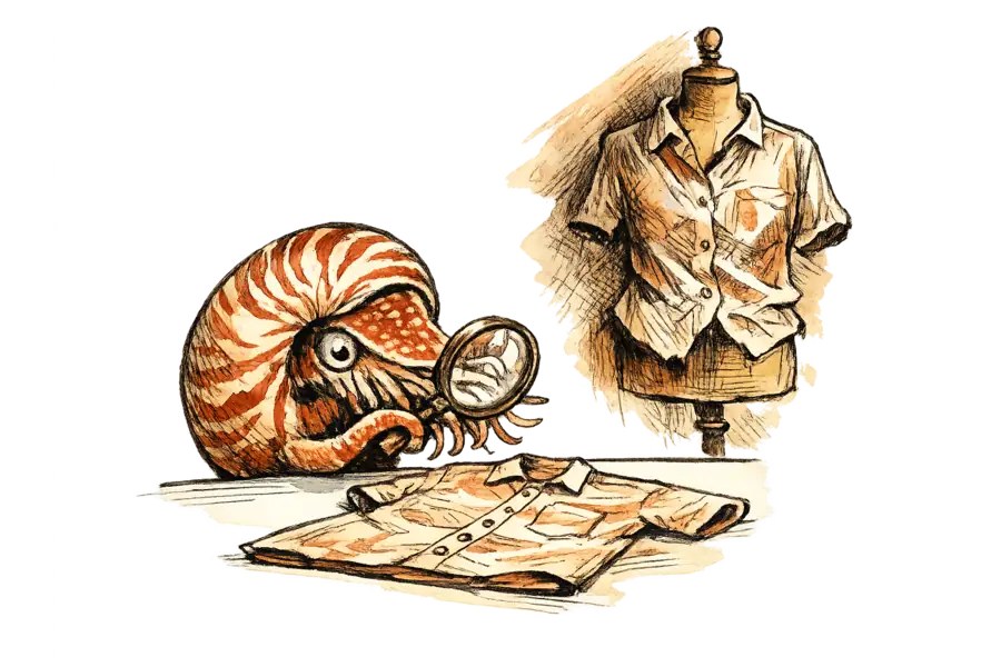 A nautilus inspecting a neatly laid-flat garment on a white table while a mannequin behind it wears the same crumpled dress