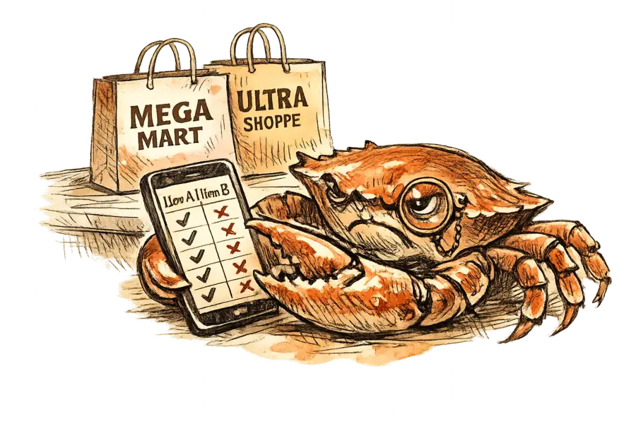 A crab wearing a monocle scrutinises competing brand shopping bags through a glowing smartphone
