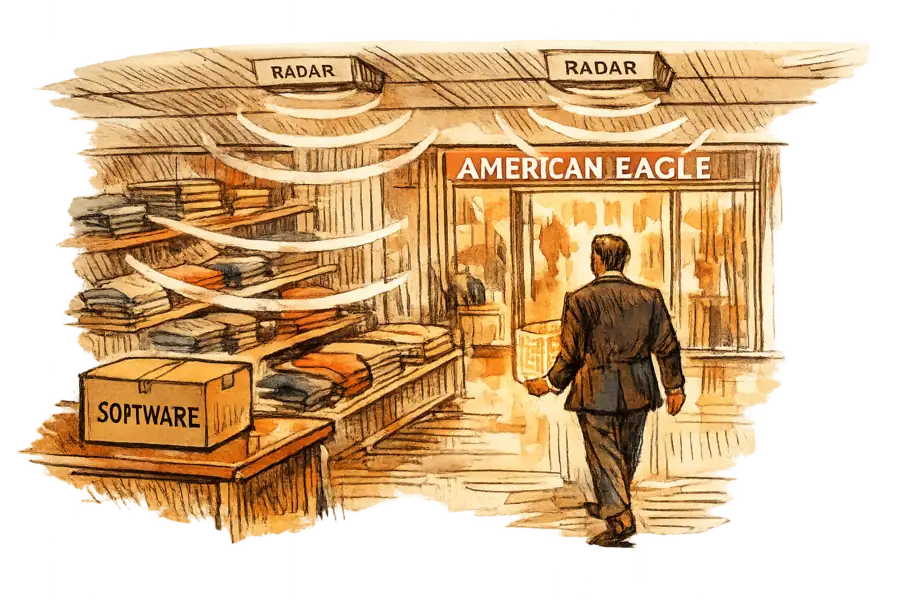 An investor in a dark suit walks out of an American Eagle store carrying a glowing translucent block of inventory data, leaving a sealed box marked SOFTWARE behind on the counter, while Radar overhead sensors sweep the racks of folded merchandise above.