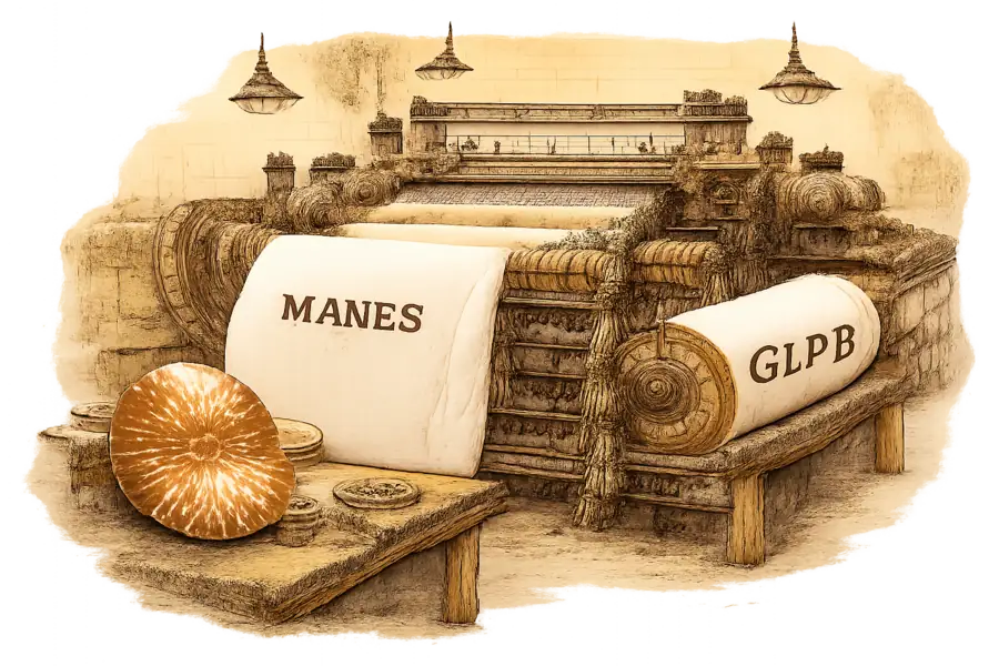 An industrial loom weaving cotton fabric labelled with the Gildan and Hanes wordmarks while a nautilus shell observes from a workbench
