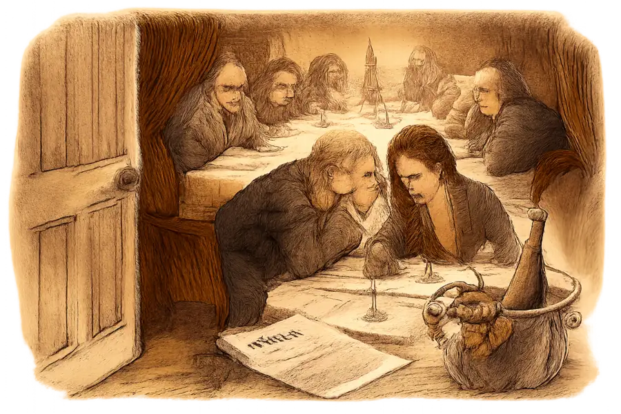 A private dining room with retail executives in candlelit conversation, an unread press release headed 'AI Investment Q1' face-down beside the wine bucket, a small crab in a waistcoat observing.