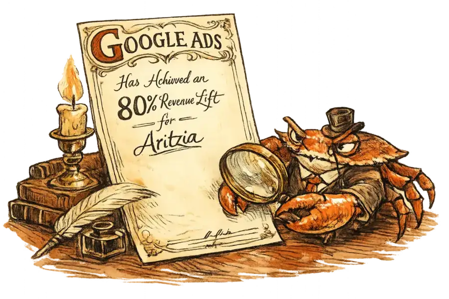 Sir John Crabstone the crab in a waistcoat studies an ornate Google Ads reference letter vouching for Aritzia, a brass magnifying glass in one claw.