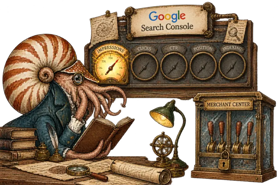 A nautilus studies a Search Console dashboard with one lit gauge marked Impressions and four dark ones, while a glass cabinet of Merchant Center levers stands locked beside it.