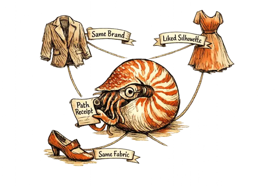 A nautilus at the center of a knowledge graph of apparel silhouettes, holding a small 'path receipt' scroll