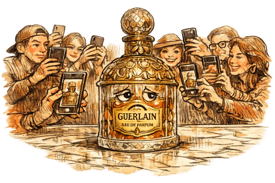 An ornate Guerlain bee bottle ringed by phone-wielding creators framing it in their viewfinders
