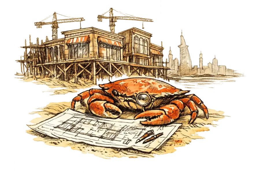 A crab with a monocle studies architectural blueprints while glass-fronted storefronts rise from desert construction scaffolding