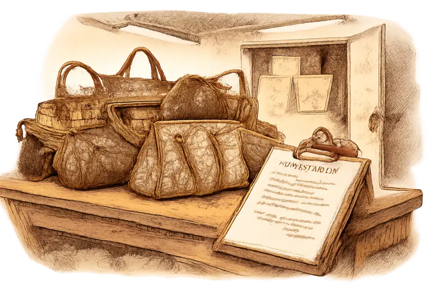 An inspection table in a Hanoi stockroom piled with seized counterfeit Burberry and Gucci handbags beside a typed Vietnamese enforcement notice with several lines crossed out.